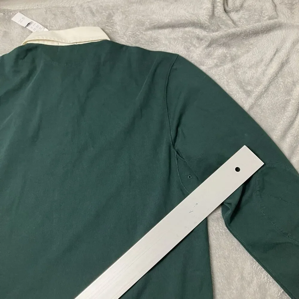 J Crew Rugby Shirt‎ Mens M TALL Green Long Sleeve Collared Cotton Elbow Patch
